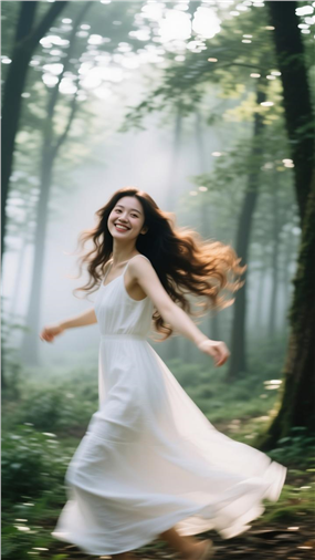 树林优雅长发白裙美女写真摄影图片